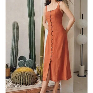 Shein Boho Midi Linen Blend Dress Sz XS Sleeveless Button Front Reddish Orange